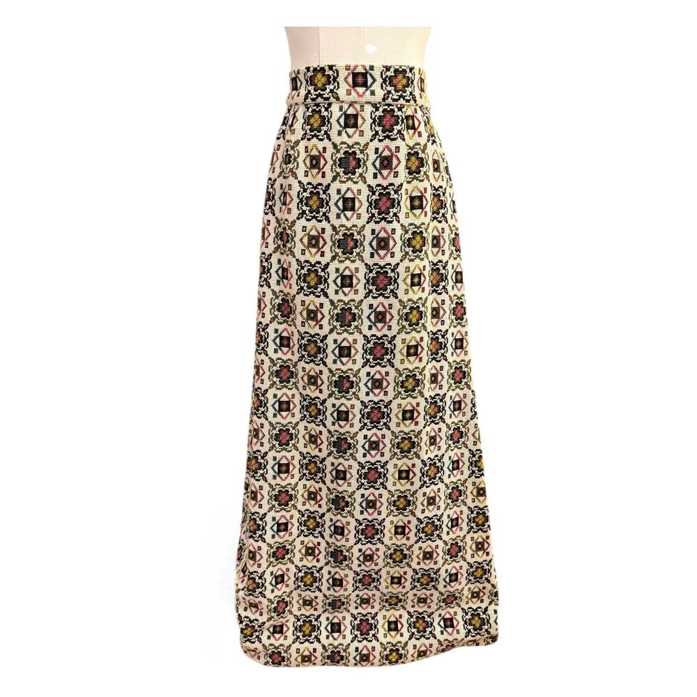 Vintage 1970s Handmade Needlepoint Tapestry Maxi Skirt XS Carpet Weight Folk Art